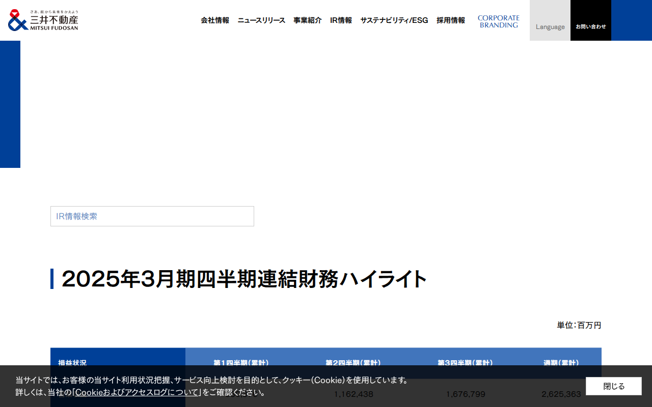 財務ハイライト(四半期)|財務・業績|IR情報|三井不動産 - 保存されたスクリーンショット