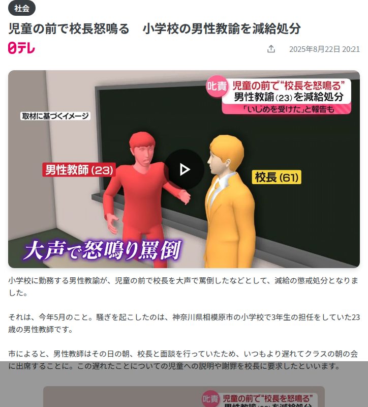 児童の前で校長怒鳴る 小学校の男性教諭を減給処分(2025年8月22日掲載)|日テレNEWS NNN - Saved screenshot