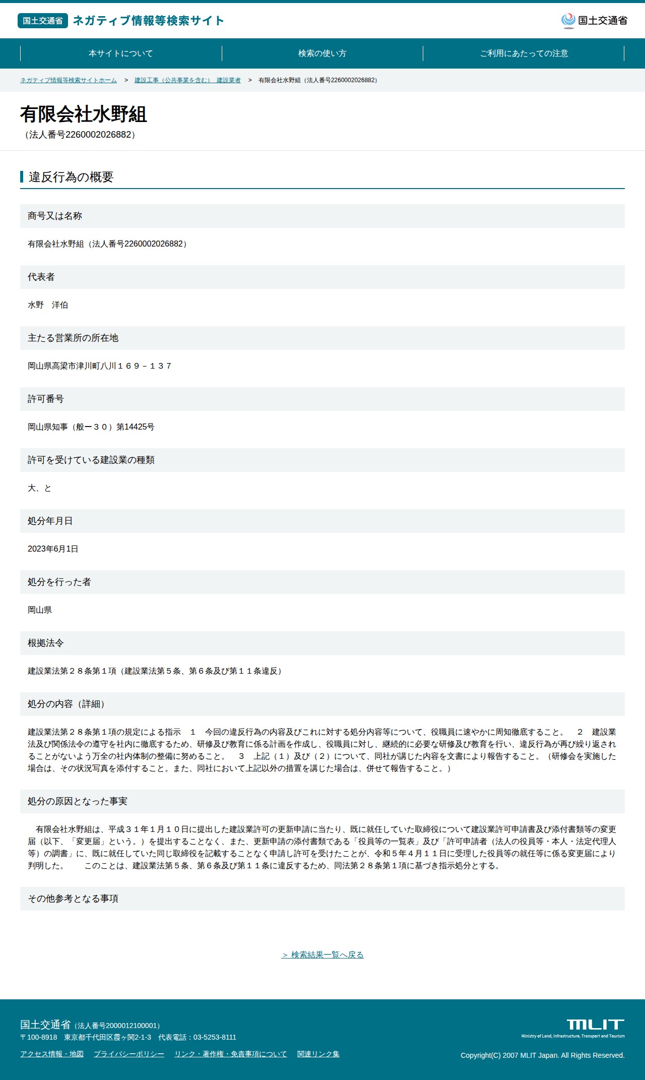 有限会社水野組(法人番号2260002026882) - 国土交通省 ネガティブ情報等検索サイト - 保存されたスクリーンショット
