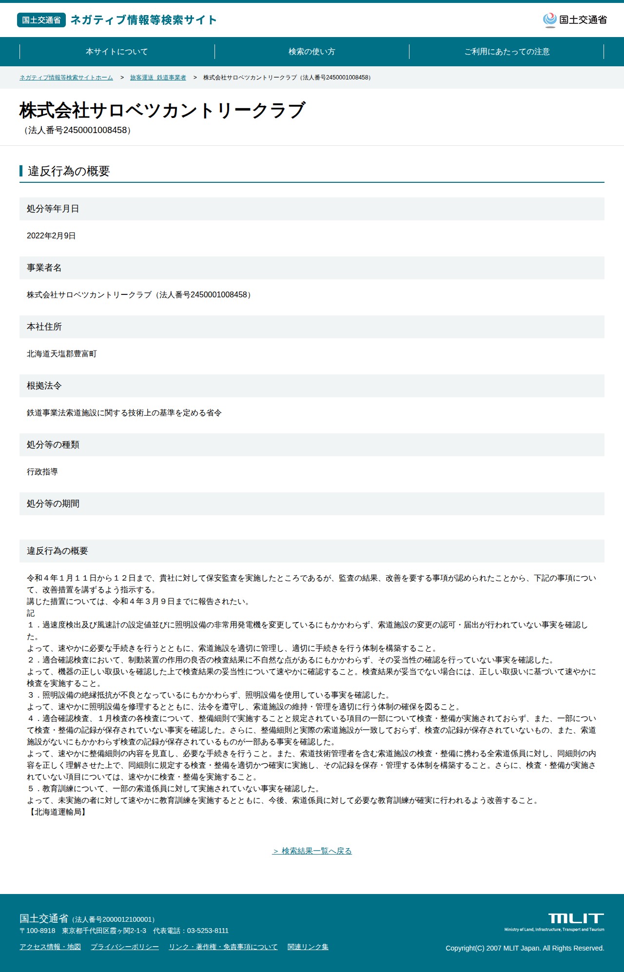 株式会社サロベツカントリークラブ(法人番号2450001008458) - 国土交通省 ネガティブ情報等検索サイト - 保存されたスクリーンショット
