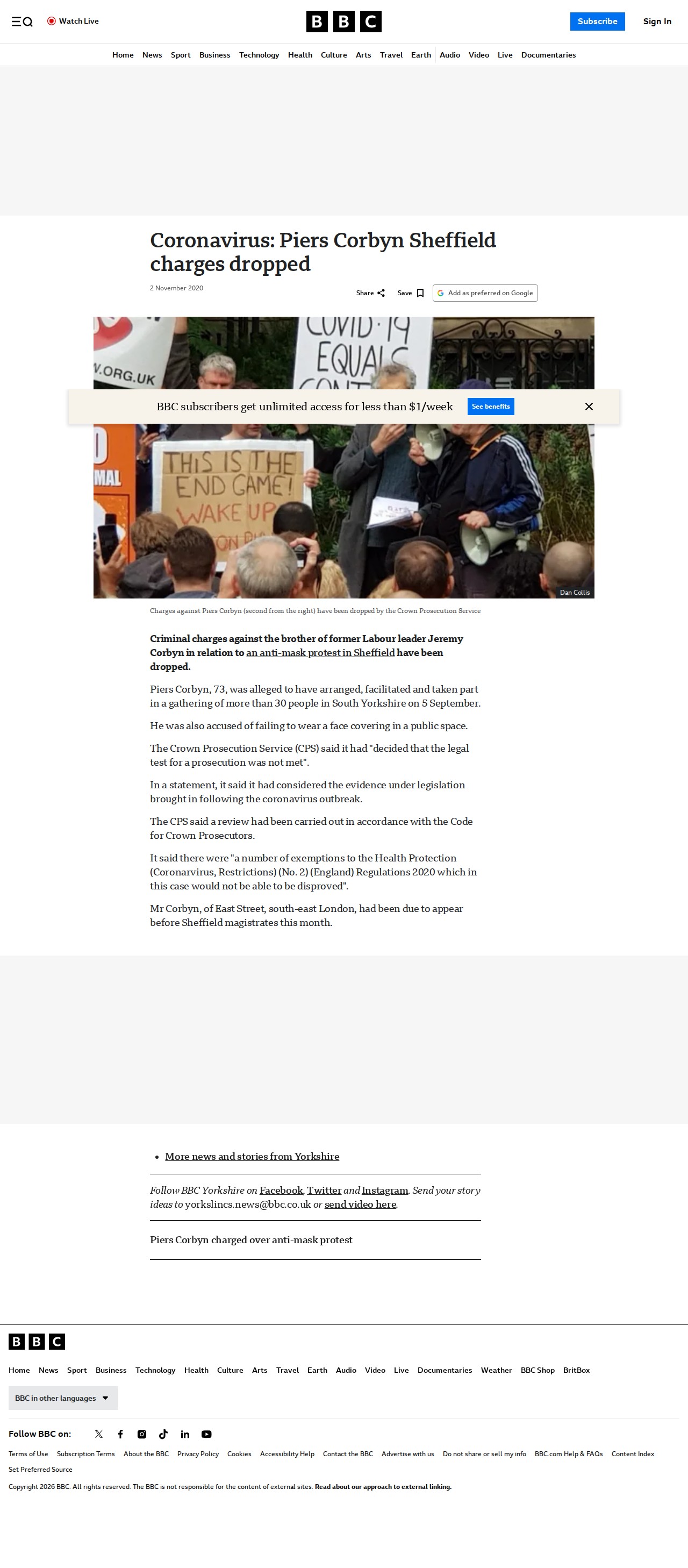 Coronavirus: Piers Corbyn Sheffield charges dropped - 保存されたスクリーンショット