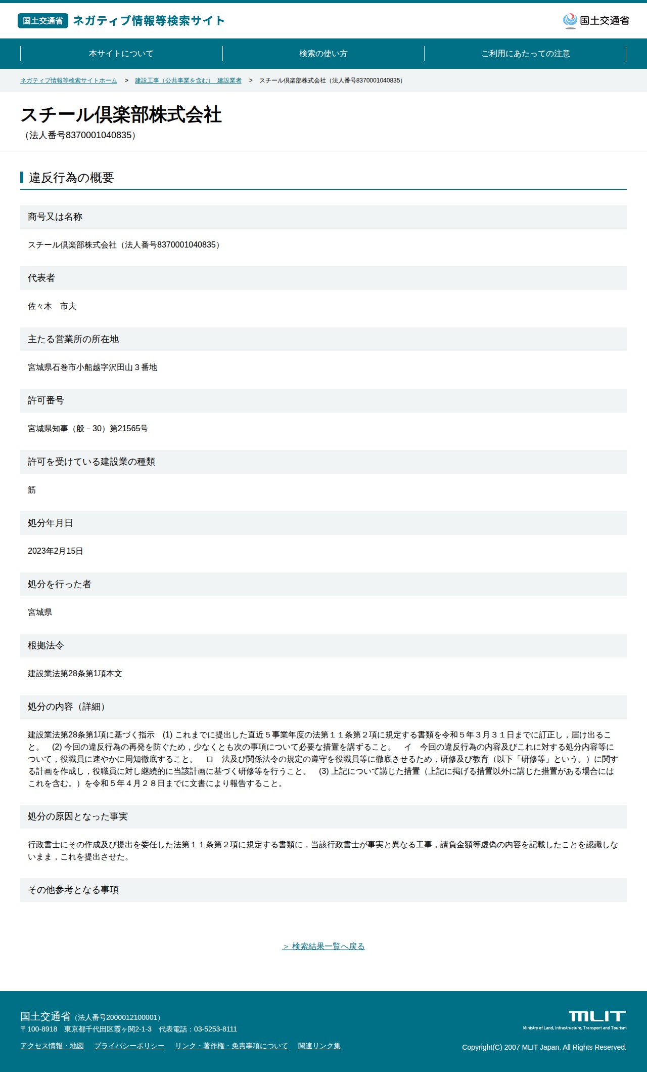 スチール倶楽部株式会社(法人番号8370001040835) - 国土交通省 ネガティブ情報等検索サイト - 保存されたスクリーンショット