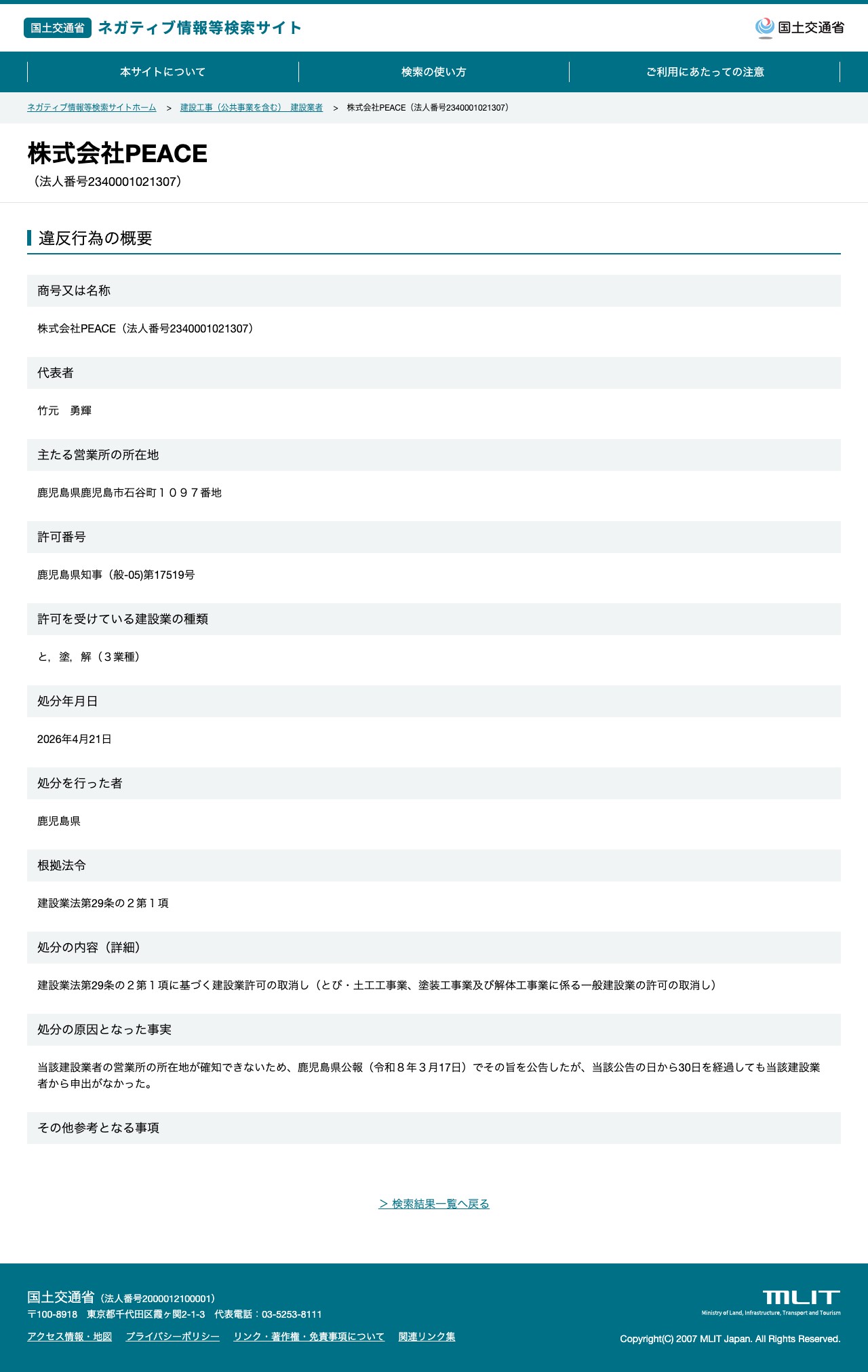 株式会社PEACE(法人番号2340001021307) - 国土交通省 ネガティブ情報等検索サイト - 保存されたスクリーンショット