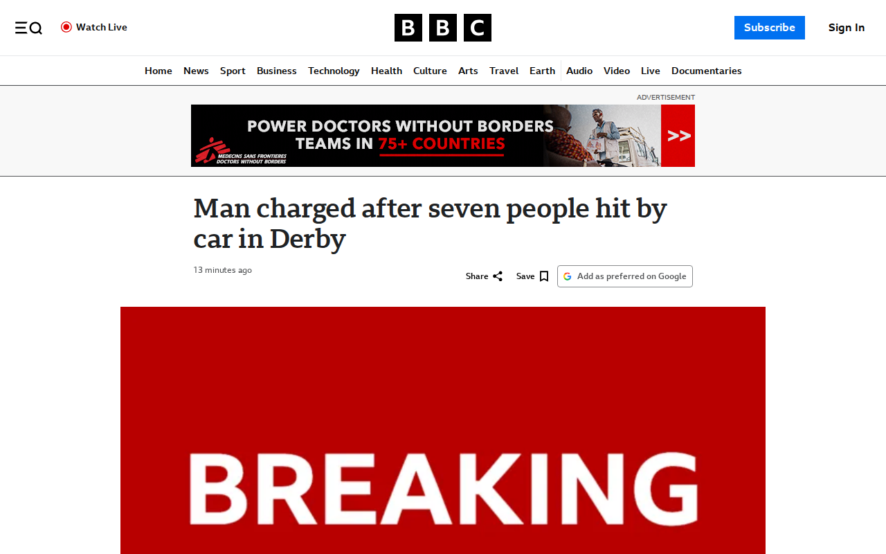 Man charged after seven people hit by car in Derby city centre - 保存されたスクリーンショット