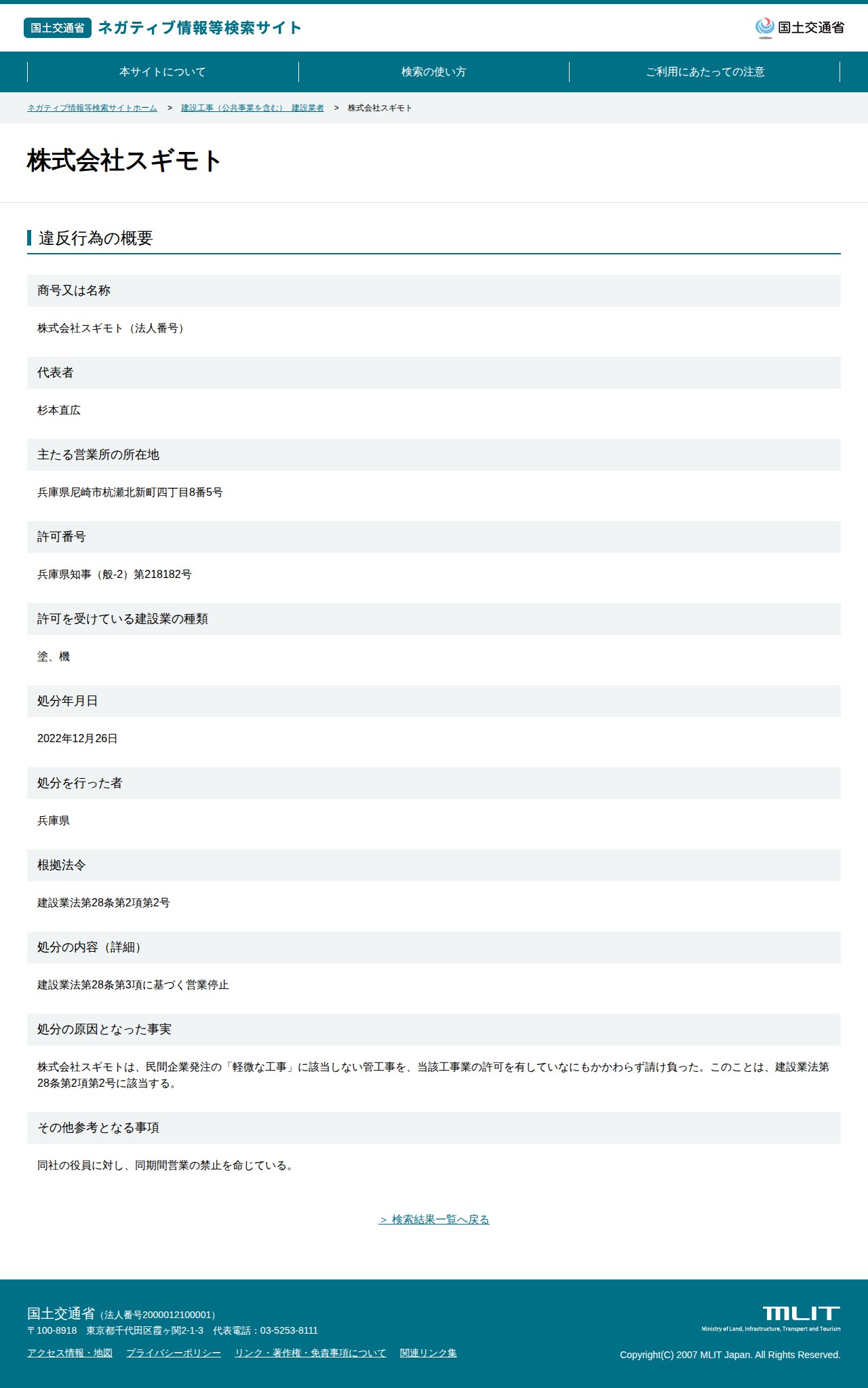 株式会社スギモト - 国土交通省 ネガティブ情報等検索サイト - 保存されたスクリーンショット
