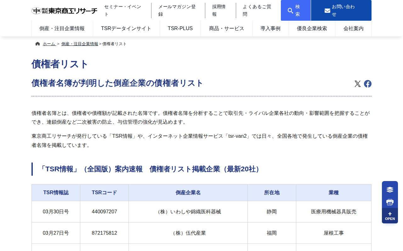 債権者リスト | 倒産・注目企業情報 | 東京商工リサーチ - 保存されたスクリーンショット