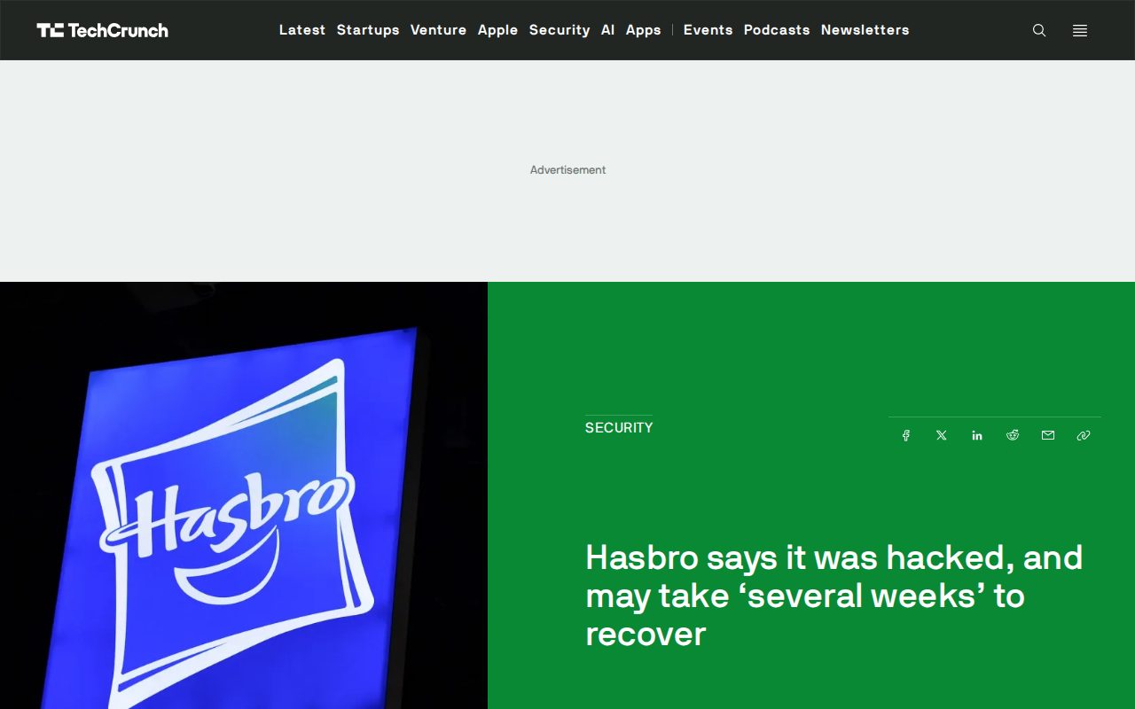 Hasbro says it was hacked, and may take 'several weeks' to recover | TechCrunch - Saved screenshot