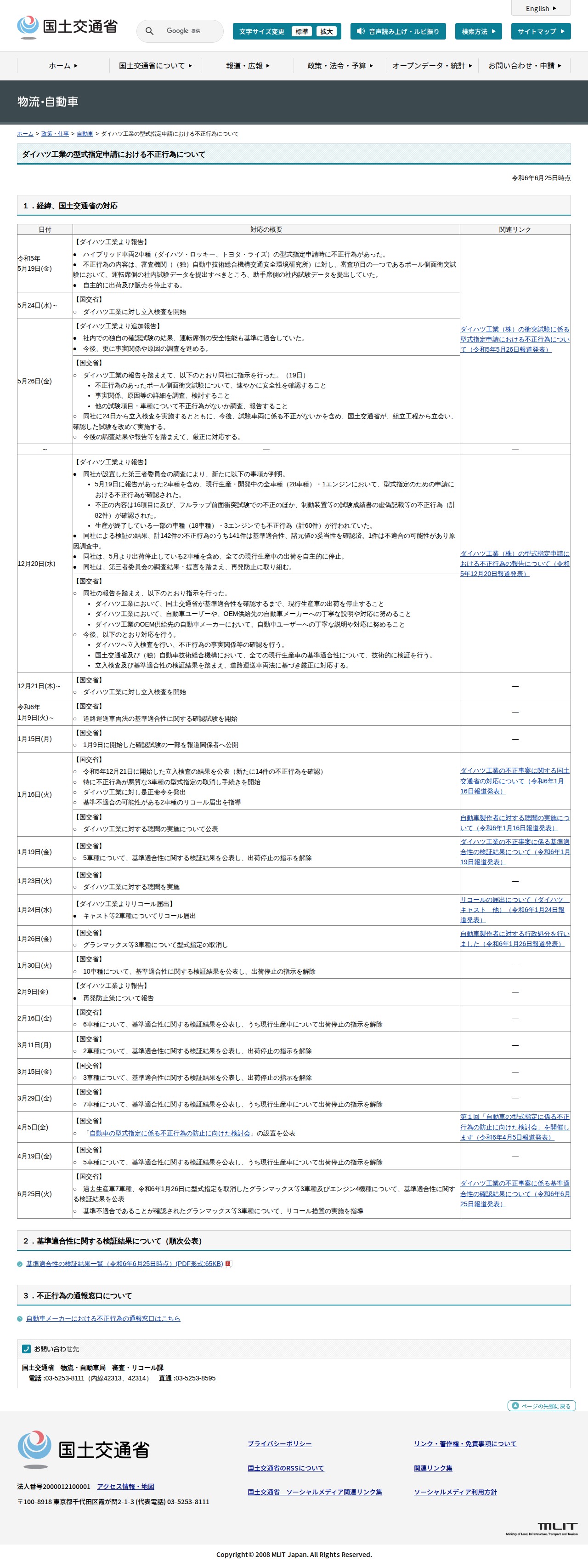 自動車:ダイハツ工業の型式指定申請における不正行為について - 国土交通省 - 保存されたスクリーンショット