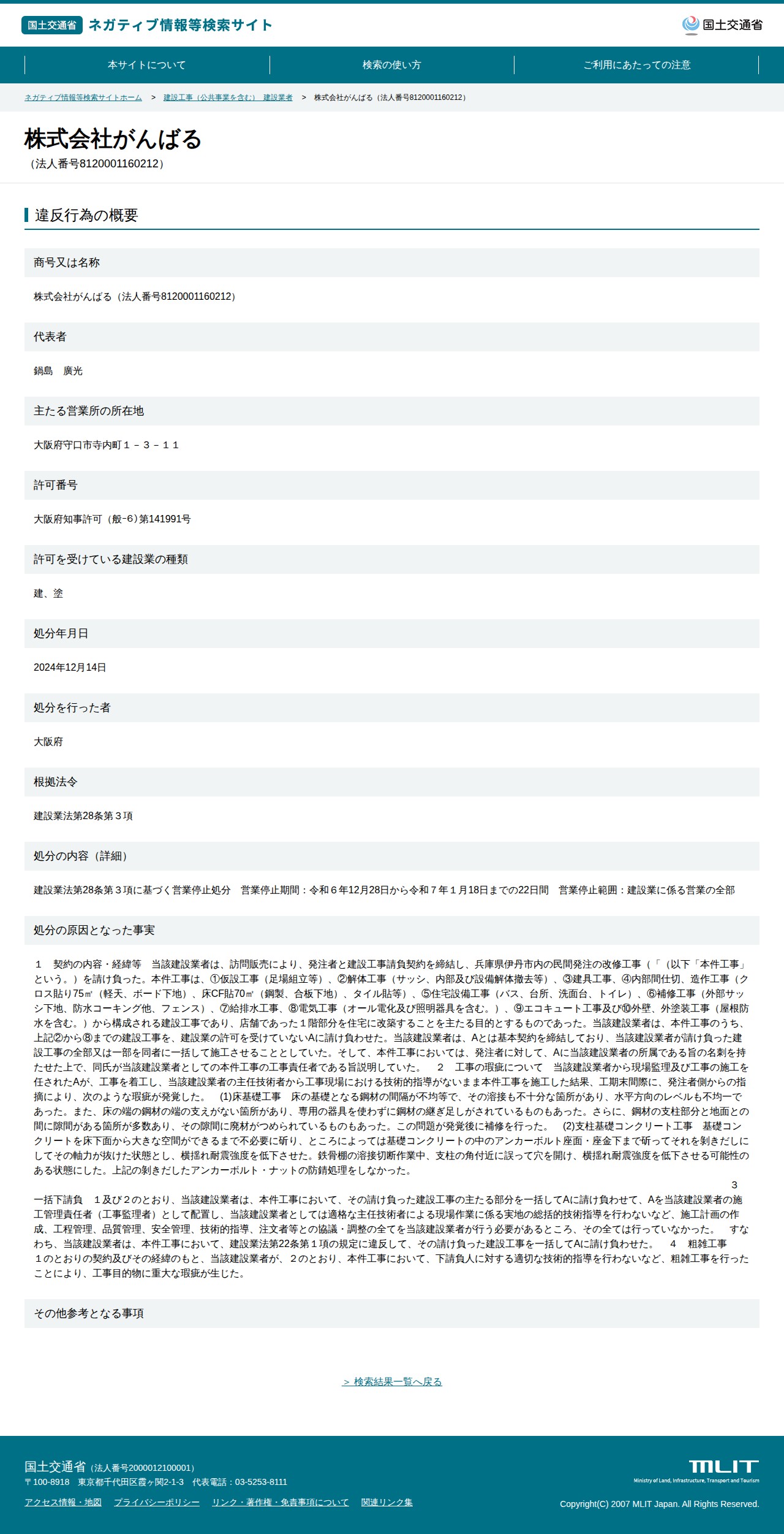株式会社がんばる(法人番号8120001160212) - 国土交通省 ネガティブ情報等検索サイト - 保存されたスクリーンショット