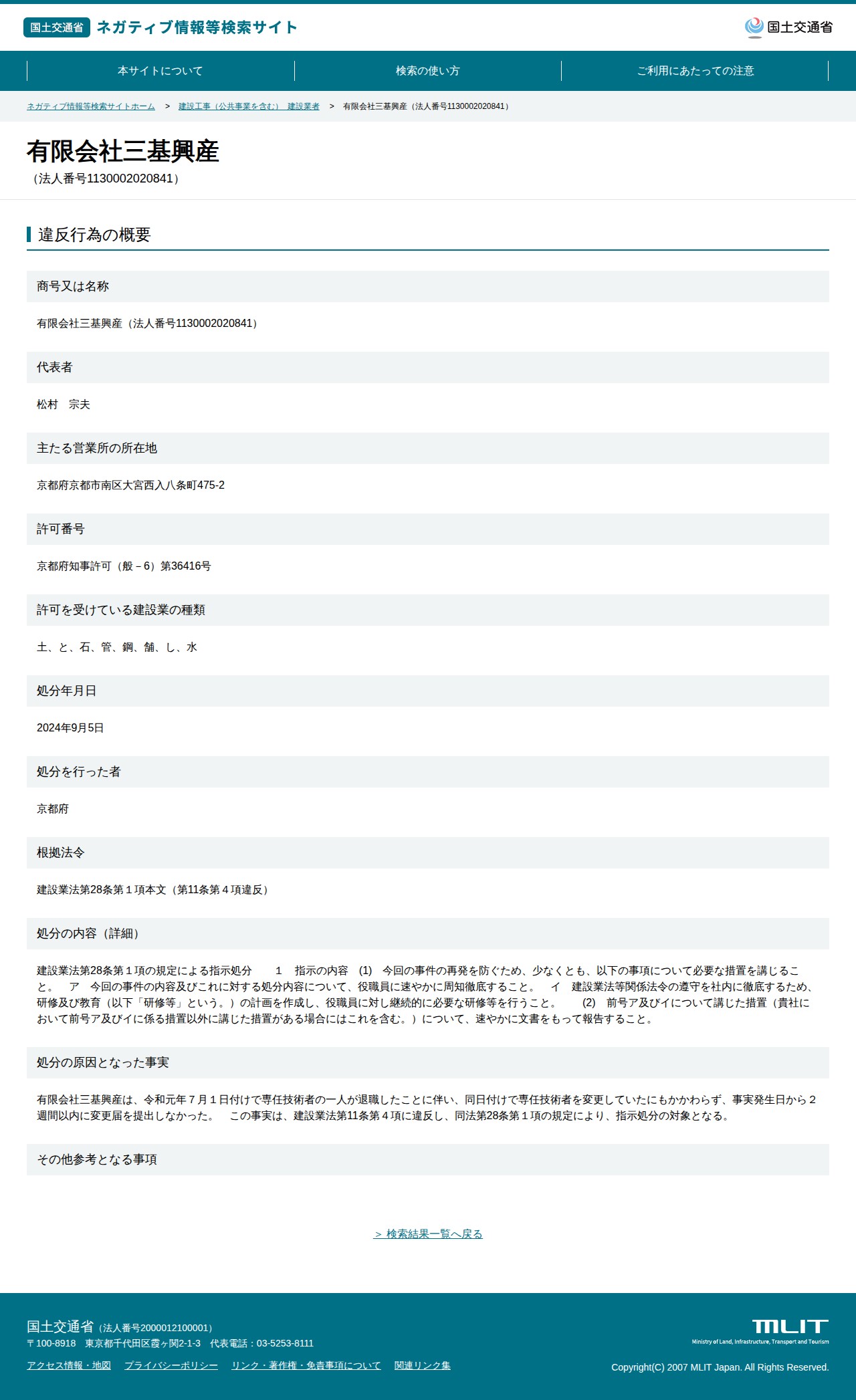 有限会社三基興産(法人番号1130002020841) - 国土交通省 ネガティブ情報等検索サイト - 保存されたスクリーンショット