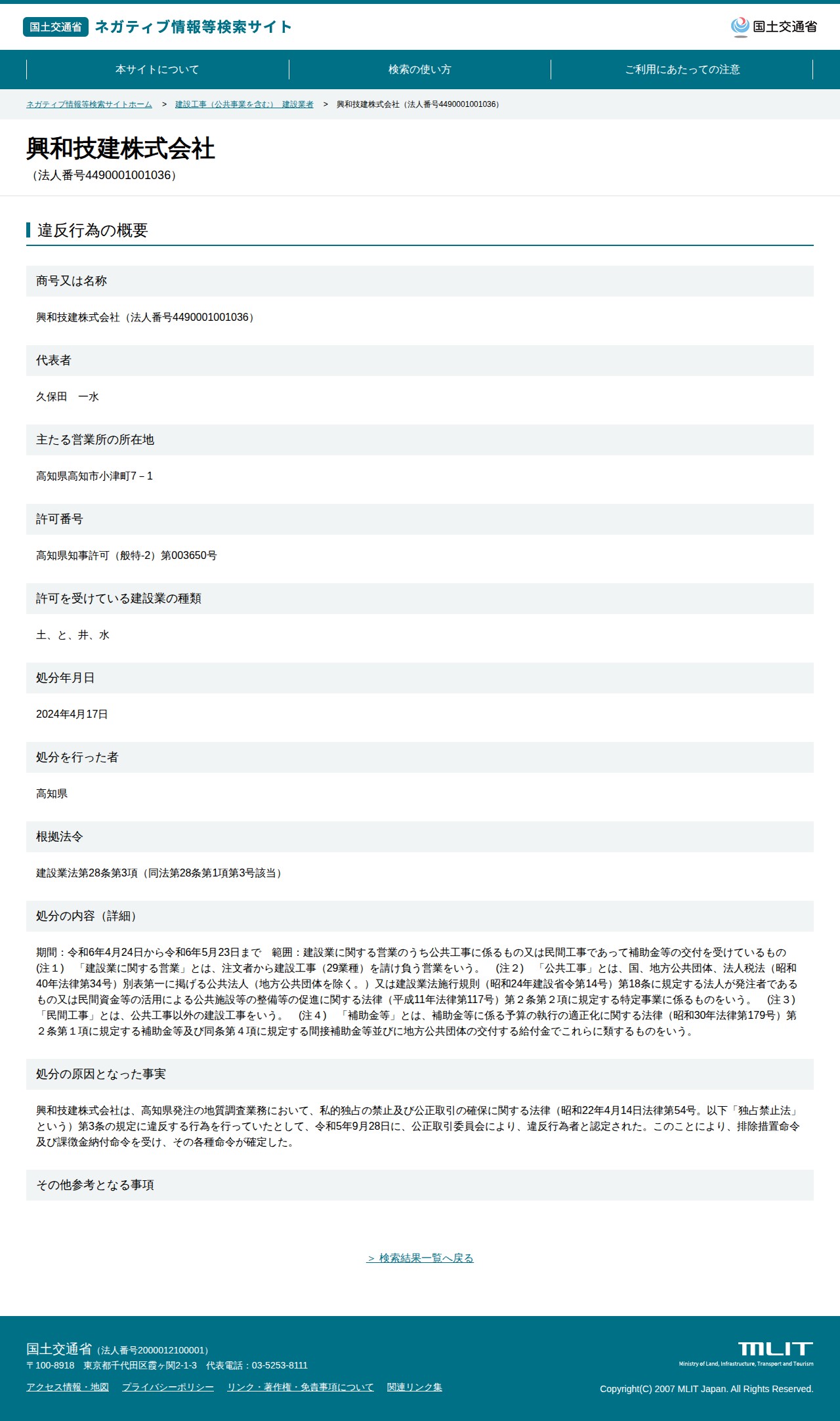 興和技建株式会社(法人番号4490001001036) - 国土交通省 ネガティブ情報等検索サイト - 保存されたスクリーンショット