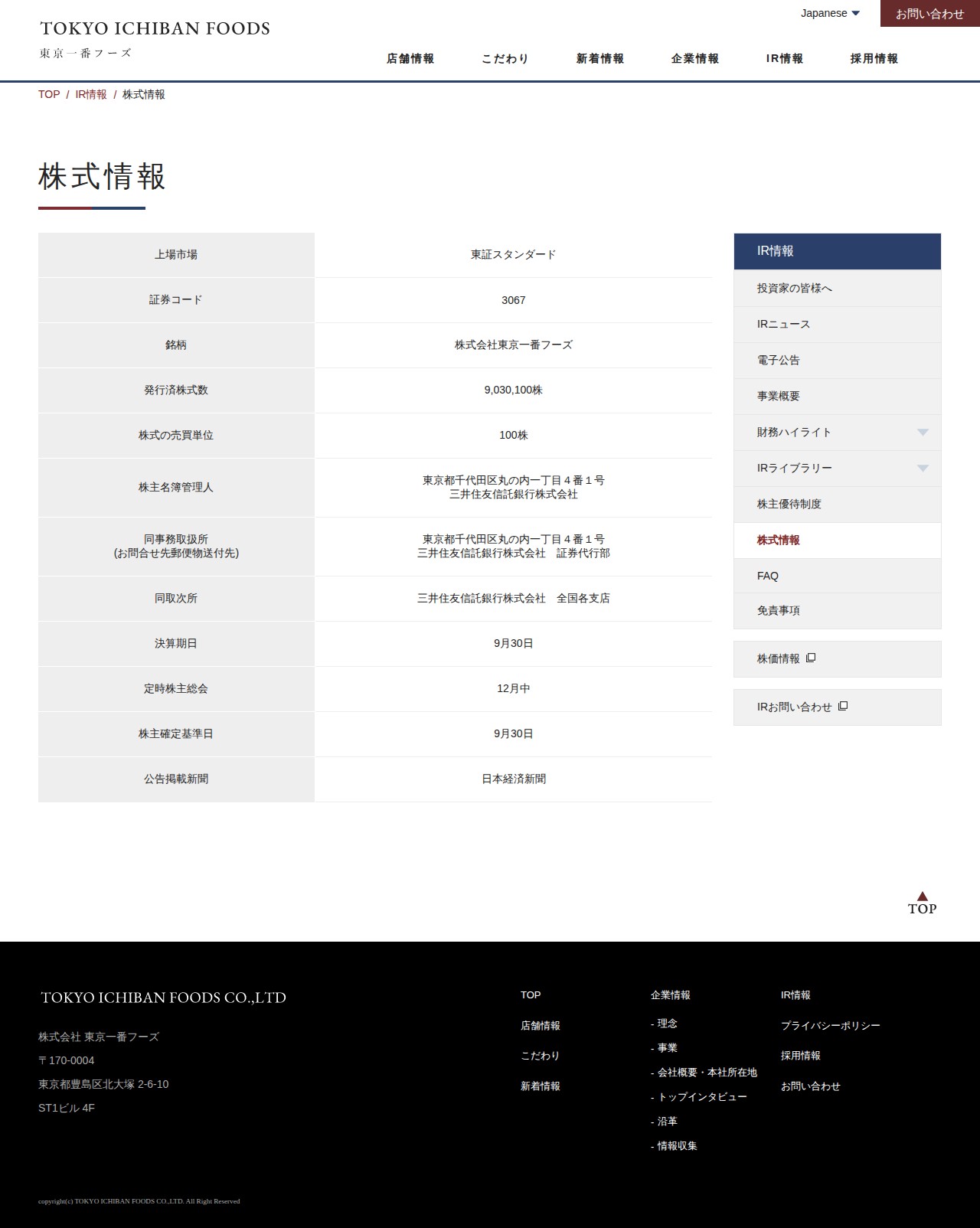 株式情報|株式会社 東京一番フーズ - 保存されたスクリーンショット