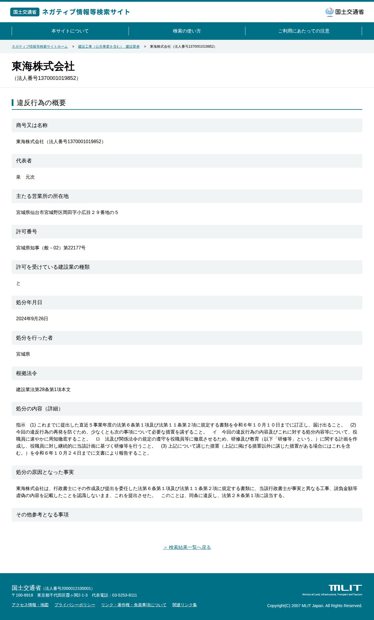 東海株式会社(法人番号1370001019852) - 国土交通省 ネガティブ情報等検索サイト - 保存されたスクリーンショット