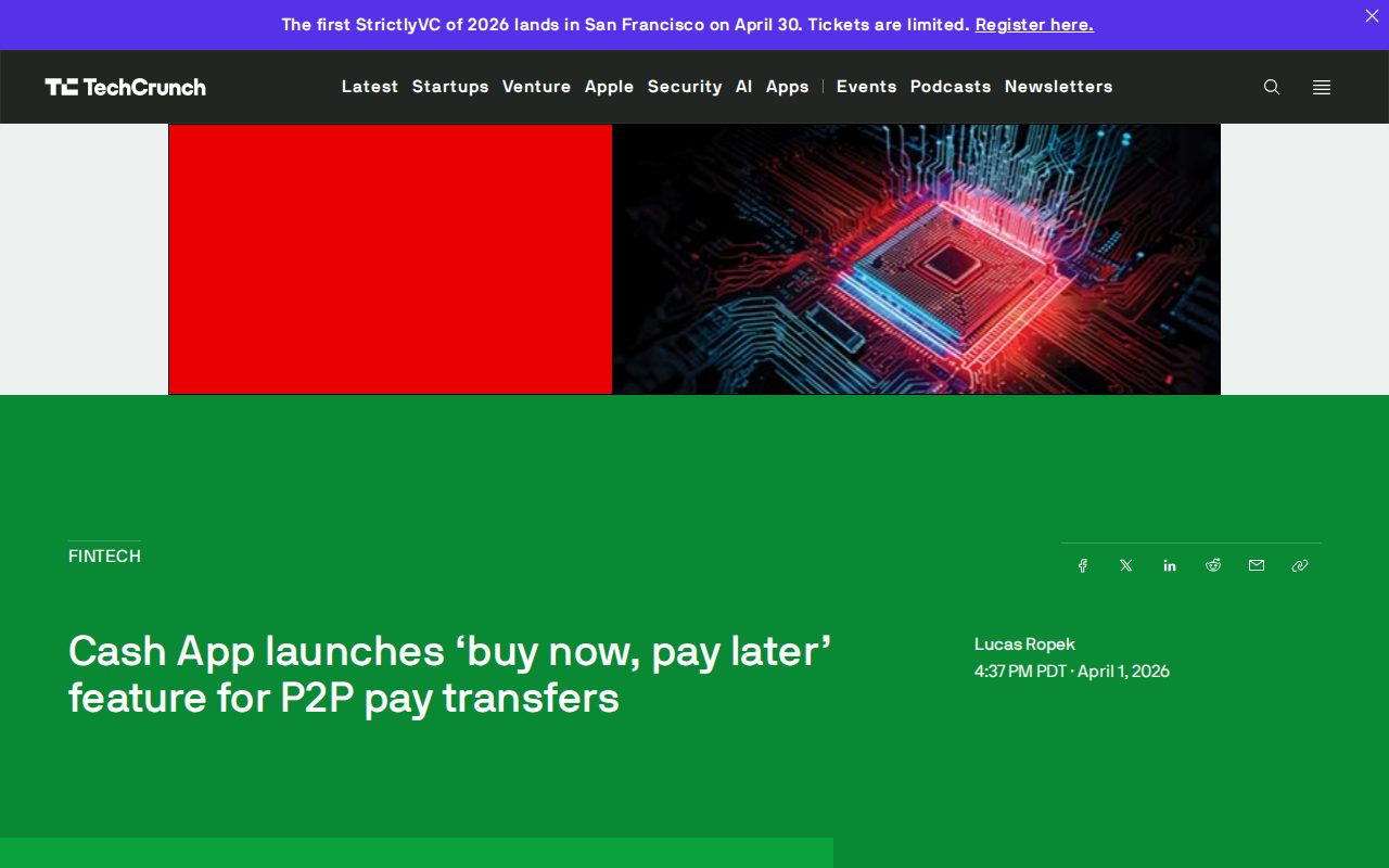 Cash App launches 'buy now, pay later' feature for P2P pay transfers | TechCrunch - Saved screenshot