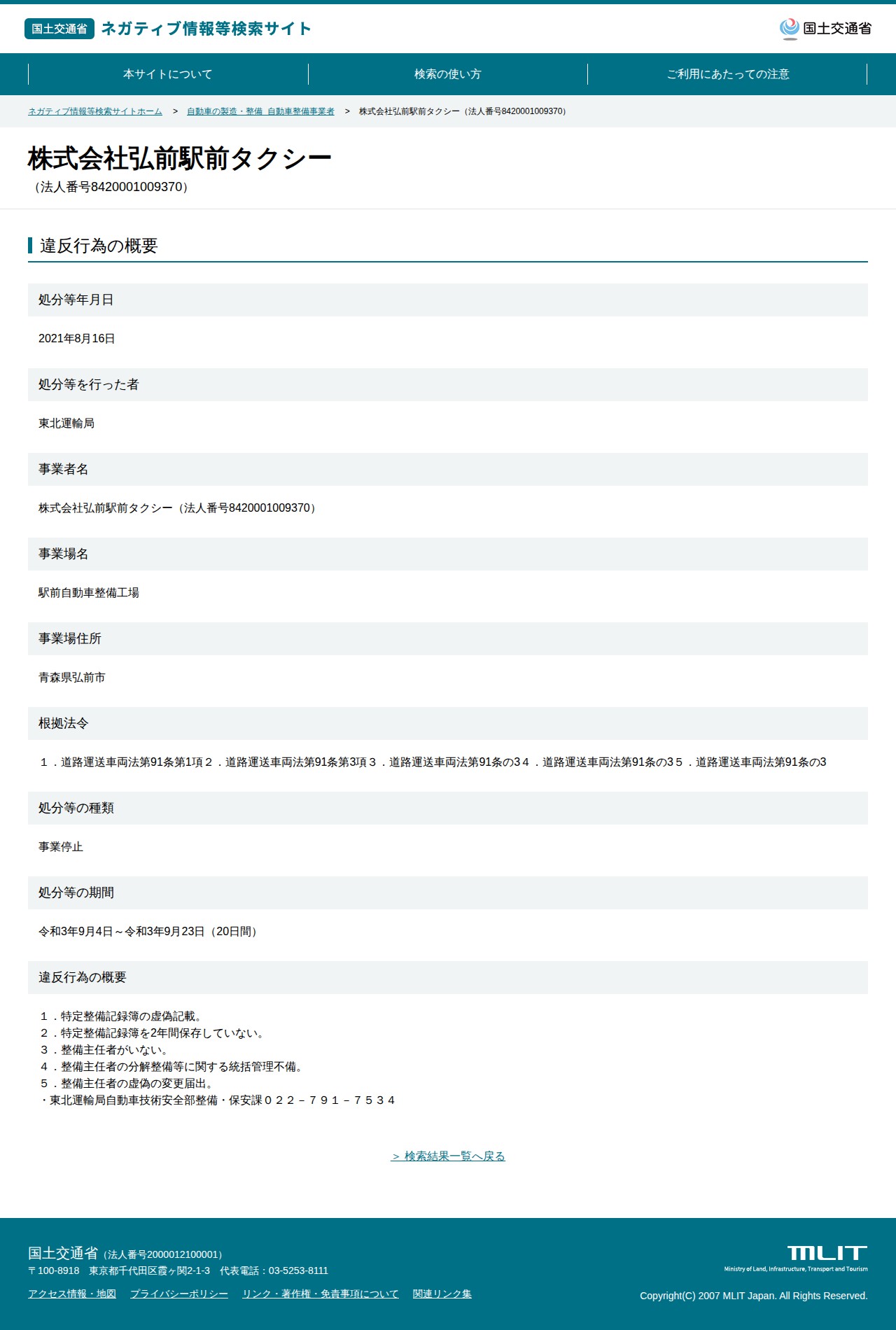 株式会社弘前駅前タクシー(法人番号8420001009370) - 国土交通省 ネガティブ情報等検索サイト - 保存されたスクリーンショット