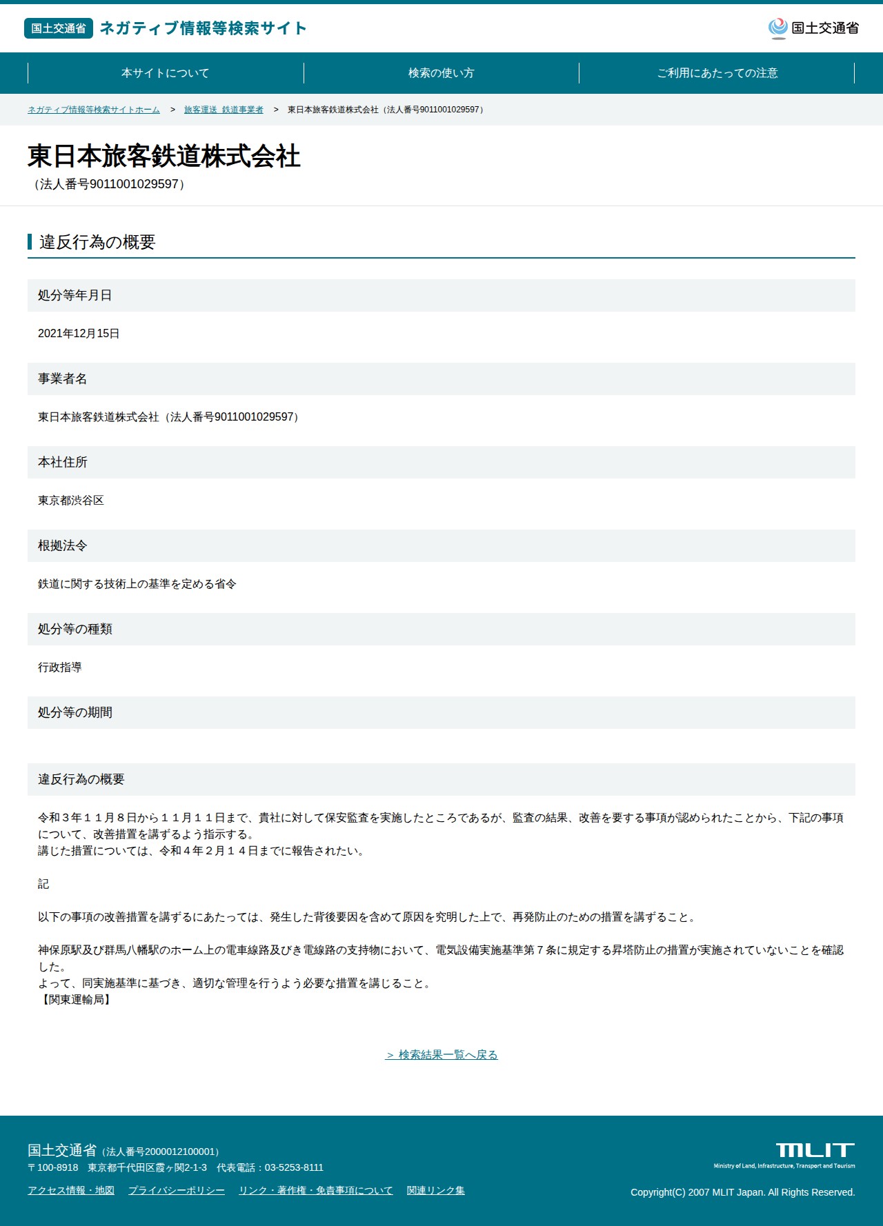 東日本旅客鉄道株式会社(法人番号9011001029597) - 国土交通省 ネガティブ情報等検索サイト - 保存されたスクリーンショット