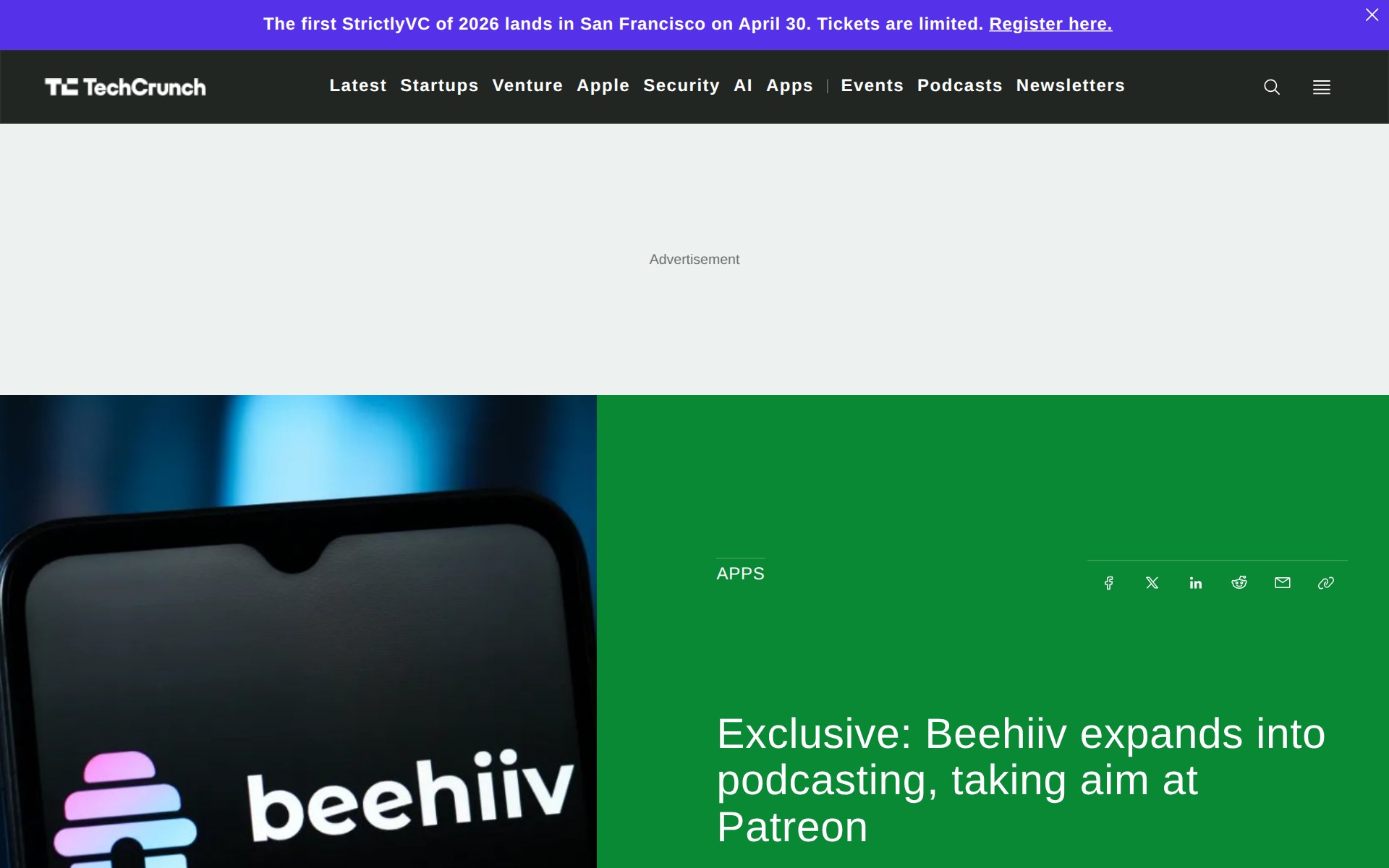 Exclusive: Beehiiv expands into podcasting, taking aim at Patreon | TechCrunch - Saved screenshot
