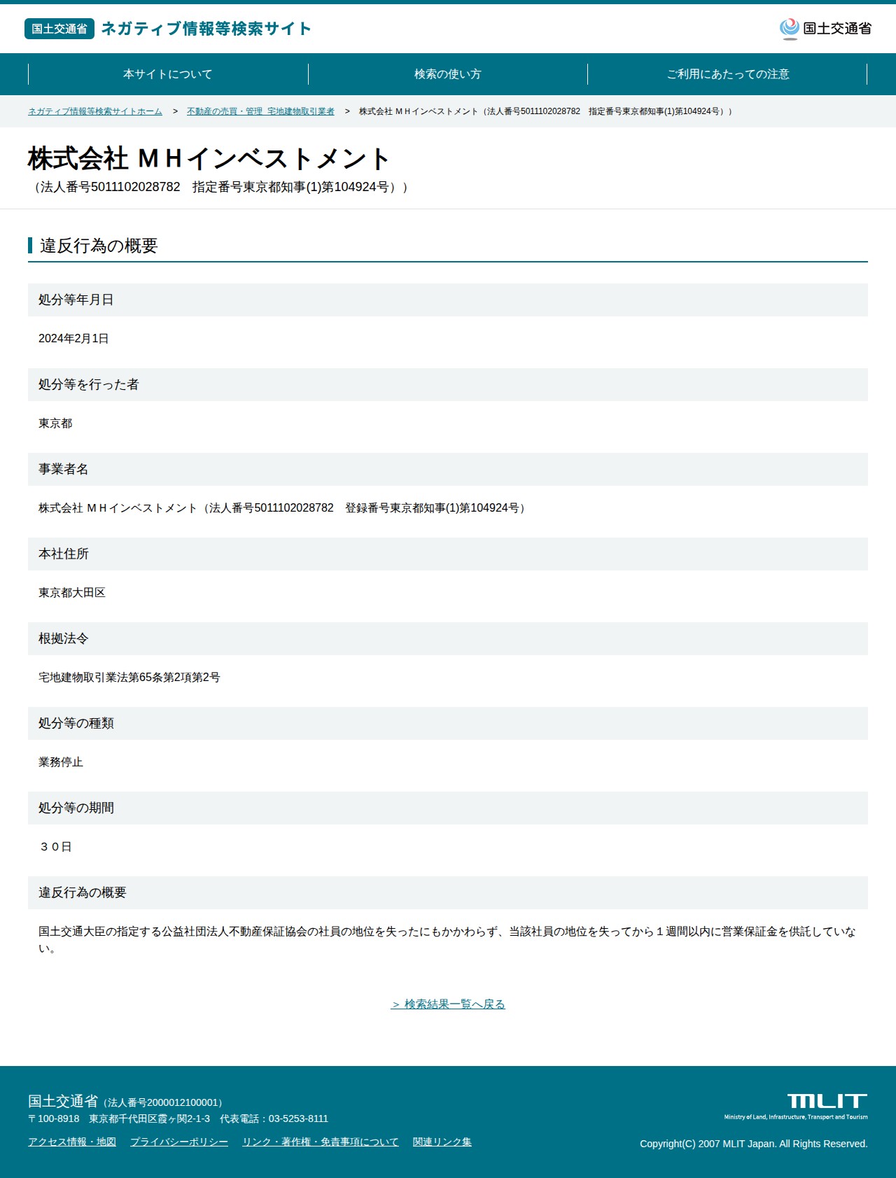 株式会社 MHインベストメント(法人番号5011102028782 指定番号東京都知事(1)第104924号)) - 国土交通省 ネガティブ情報等検索サイト - 保存されたスクリーンショット