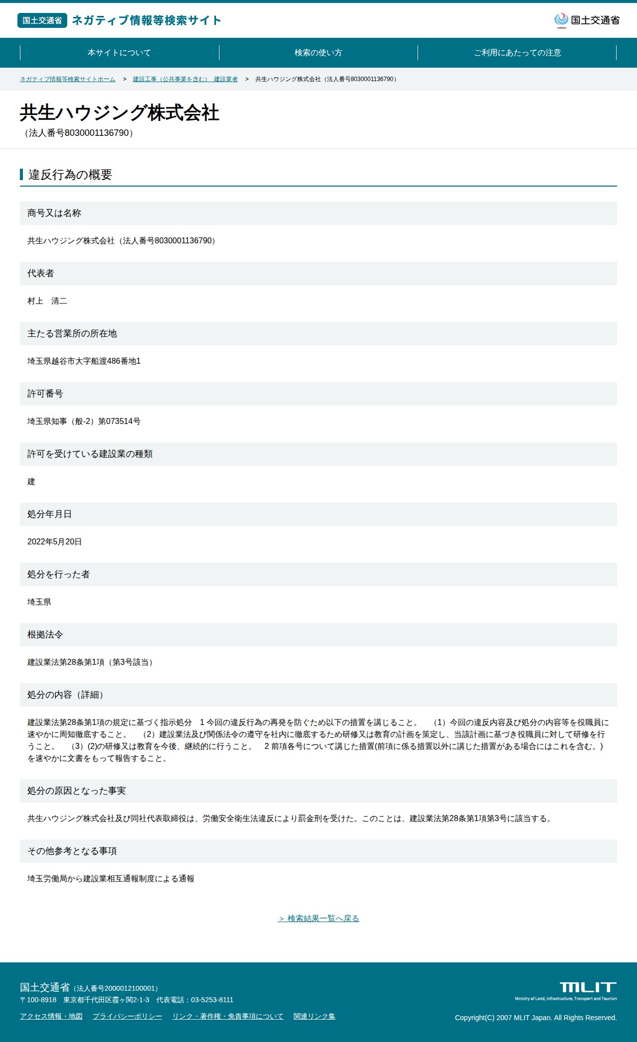 共生ハウジング株式会社(法人番号8030001136790) - 国土交通省 ネガティブ情報等検索サイト - 保存されたスクリーンショット