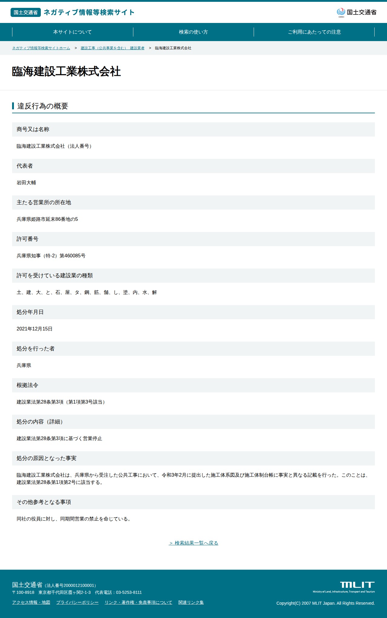 臨海建設工業株式会社 - 国土交通省 ネガティブ情報等検索サイト - 保存されたスクリーンショット