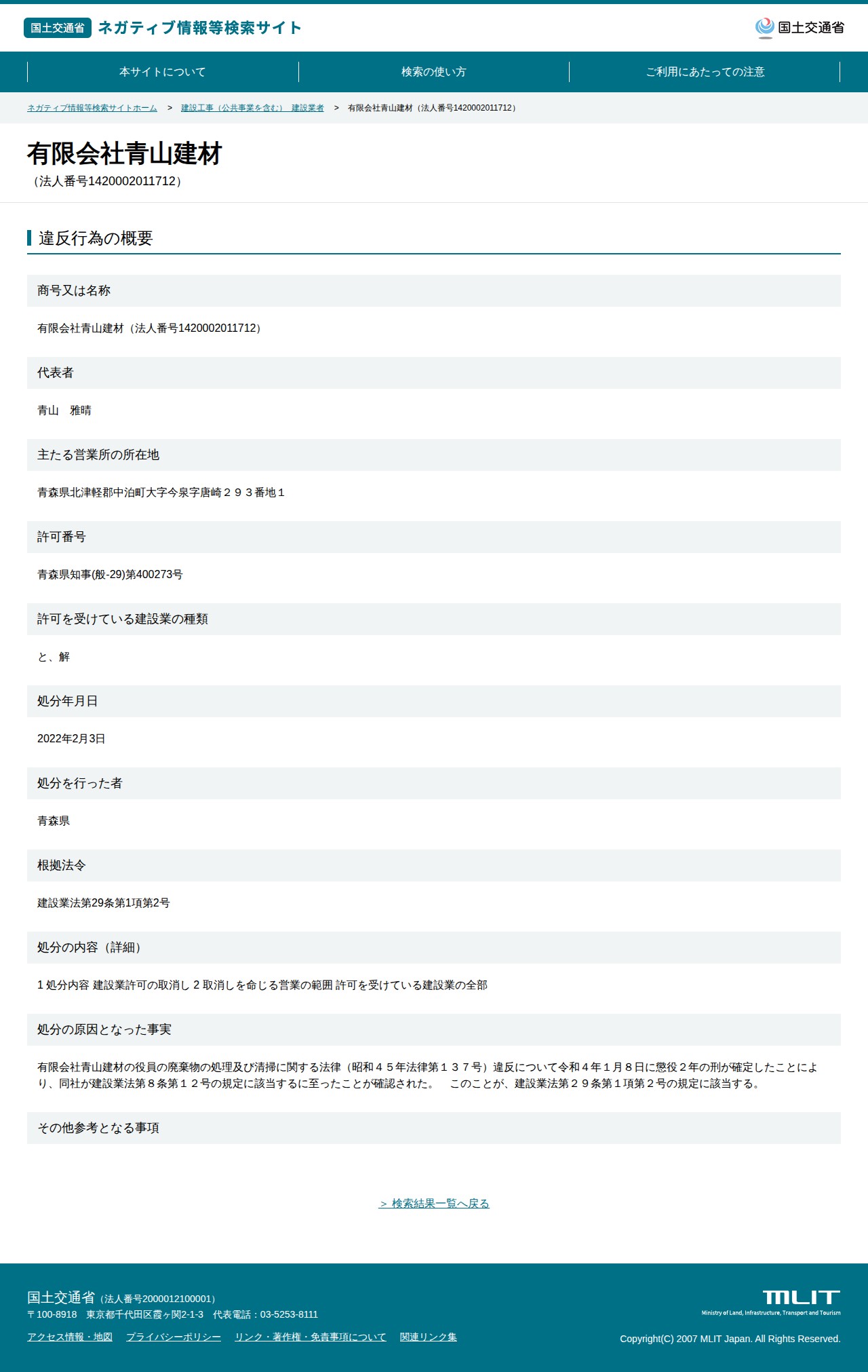 有限会社青山建材(法人番号1420002011712) - 国土交通省 ネガティブ情報等検索サイト - 保存されたスクリーンショット