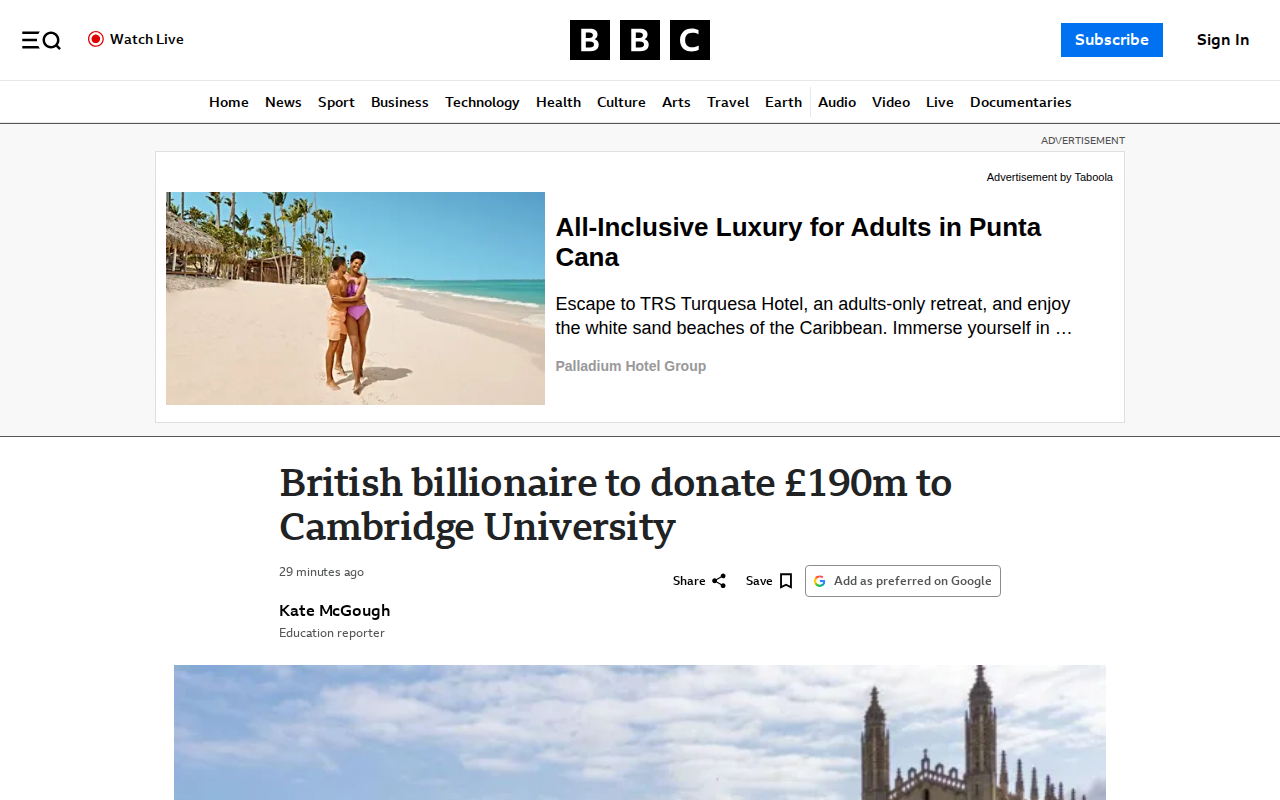 British billionaire Chris Rokos to donate £190m to Cambridge University - 保存されたスクリーンショット