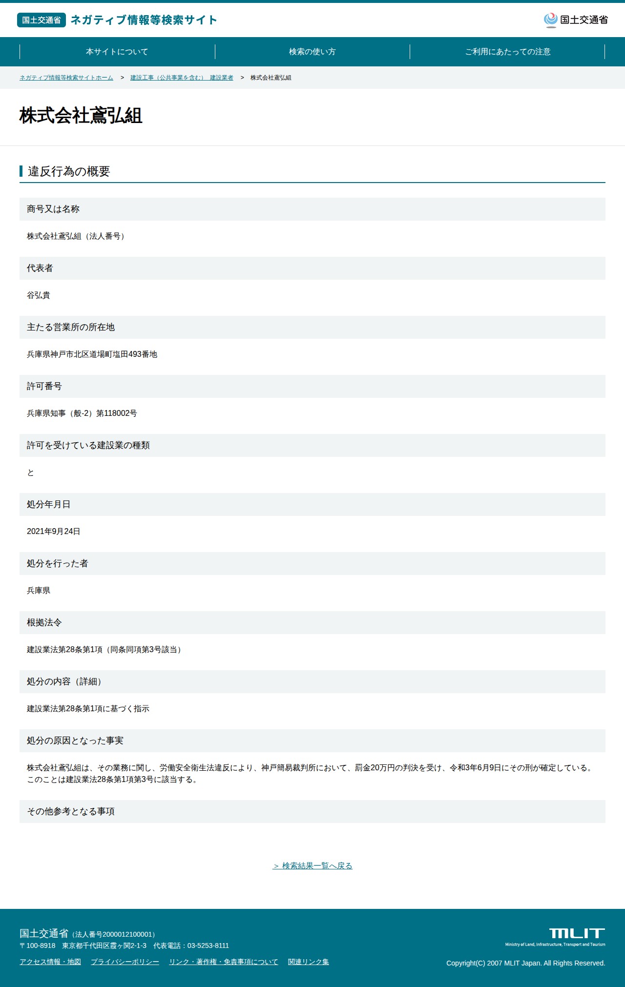 株式会社鳶弘組 - 国土交通省 ネガティブ情報等検索サイト - 保存されたスクリーンショット