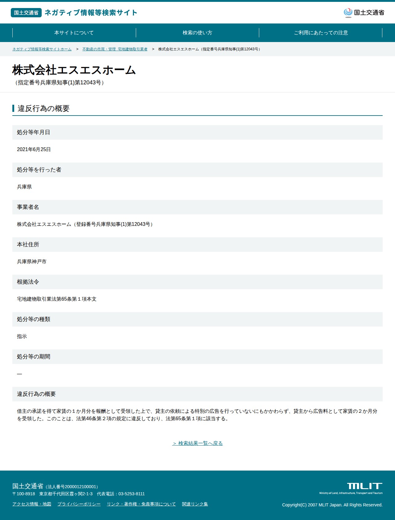 株式会社エスエスホーム(指定番号兵庫県知事(1)第12043号) - 国土交通省 ネガティブ情報等検索サイト - 保存されたスクリーンショット