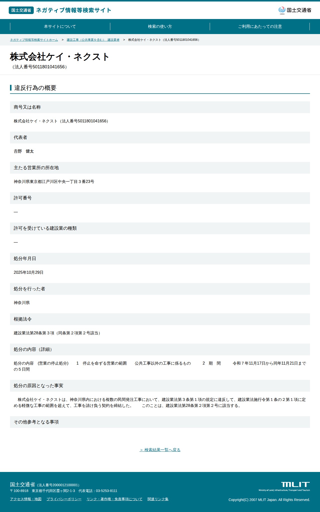 株式会社ケイ・ネクスト(法人番号5011801041656) - 国土交通省 ネガティブ情報等検索サイト - 保存されたスクリーンショット