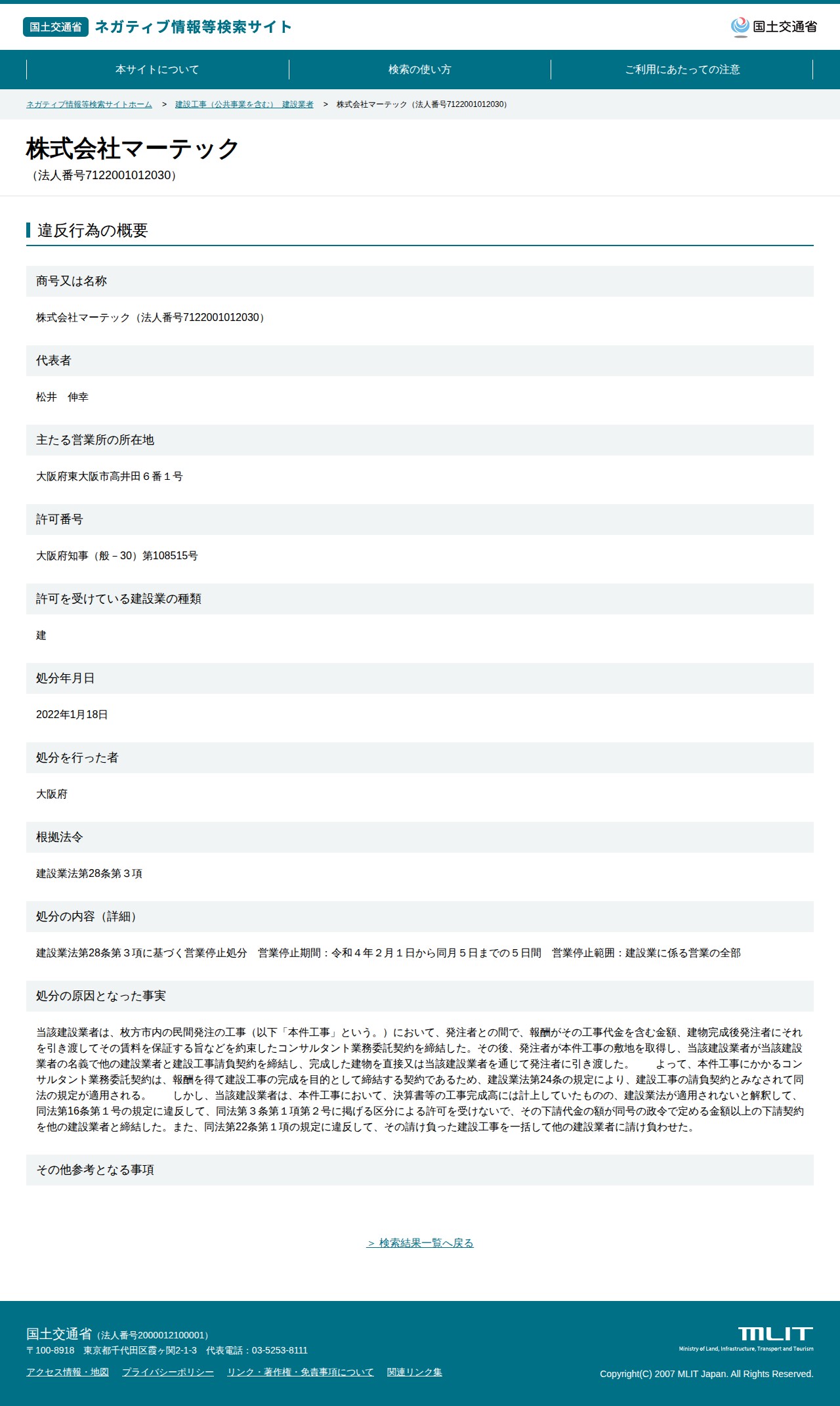 株式会社マーテック(法人番号7122001012030) - 国土交通省 ネガティブ情報等検索サイト - 保存されたスクリーンショット