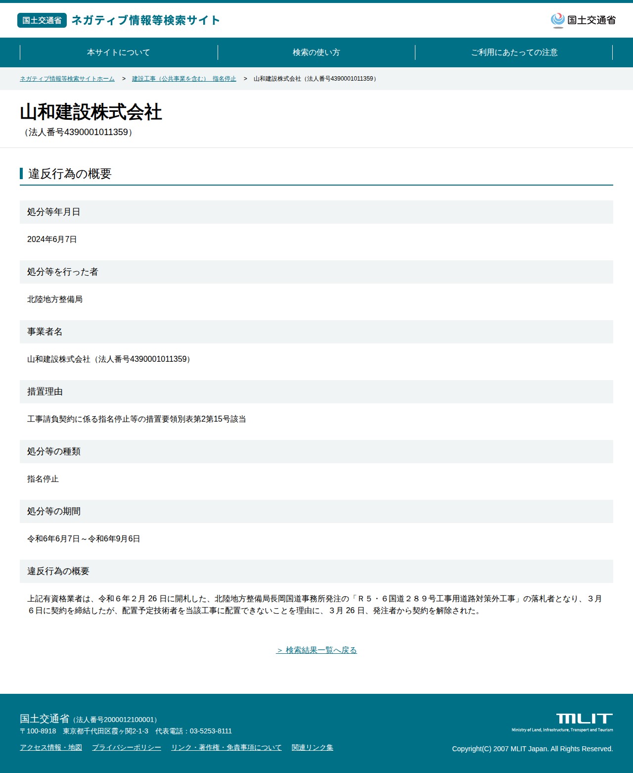 山和建設株式会社(法人番号4390001011359) - 国土交通省 ネガティブ情報等検索サイト - 保存されたスクリーンショット